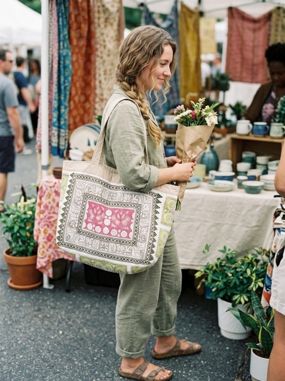 American Eagle Boho Quilted Block Print Tote Bag | Pink Green Beige Shoulder Tot